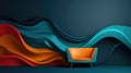 Trendy colorful background with flowing 3D waves of greens, oranges, and reds with a futuristic piece of furniture. Copyspace at