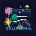 Trendy colorful California stylish t-shirt and apparel modern design with beach vibes and palm trees, typography, coral,sun,brid Royalty Free Stock Photo