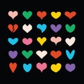 Trendy and colorful cute isolated and solid different beautiful heart shapes icons set on black