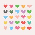 Trendy and colorful cute solid and isolated different beautiful heart shapes icons set on pink