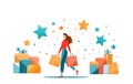 Trendy colorful graphic Christmas New Years shopping banner with young woman holding bags. Boxes gifts presents. Star confetti.