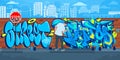 Trendy Colorful Outdoor Urban Streetart Graffiti Wall With Drawings Against The Background Of The Cityscape Vector Illustration Royalty Free Stock Photo