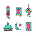 Trendy colorful ramadhan icon set with lantern lamp, al qur`an book, ketupat, mosque, prayer mat, and crescent moon