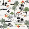 Trendy colorful seamless island seamless pattern vector. Landscape with palm trees,beach and ocean hibiscus flower, swans ,hut