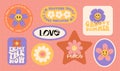 Trendy colorful set stickers with smiling face daisy and hippy easthetic text. Collection of geometirc shapes, positive Royalty Free Stock Photo