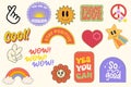 Trendy colorful set stickers with smiling face and text. Collection of cartoon shapes, positive slogans. Royalty Free Stock Photo