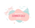 Trendy colorful summer sale banner with palmtrees, boat and waves.. Vector geometric template liquid and wavy shapes with smooth