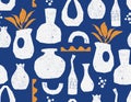 Trendy Colourful Paper cutouts , Hand drawn modern Vase design Seamless pattern with Texture