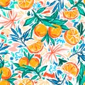 Trendy and colourful of Summer fruits Orange and leaves brushed strokes style, seamless pattern vector ,Design for fashion ,