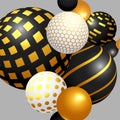 Abstract composition. Shiny black and gold 3D spheres on the gray background. Levitation balls in space Royalty Free Stock Photo