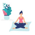 Trendy concept of fitness class:cute pregnant girl sit in yoga lotus pose.Flat Funky Figures style.Decorated beautiful leaves and