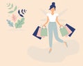 Trendy concept of shopping:girl in the form of a dragonfly or butterfly with wings and paper bags from store.Flat Funky Figures