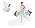 Trendy concept of shopping:girl in the form of a dragonfly or butterfly with wings and paper bags from store.Flat Funky Figures