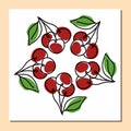 Trendy continuous one line drawing of ripe cherries in flower shape.Square template with hand drawn fruits wreath in cartoon stile