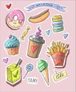 Trendy cool set of fast food patch badges in pop art style. Vector collection of hand drawn stickers and pins with meal
