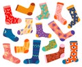 Trendy cotton socks. Stylish colorful design cloth elements. Abstract bright prints and funny patterns. Short or knee