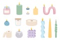 Trendy cozy aroma candles set in pastel colors. Vector illustration in flat cartoon style.