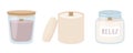 Trendy cozy candles set in pastel colors. Candles with wooden wick, vector illustration in flat cartoon style.