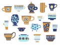 Trendy cups. Decorated tea mugs with rustic ornament, scandinavian flowers patterns crockery, kitchen ceramic drinking