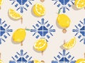 Trendy cute garden Picnic with Lemon fruit on Tile Illustration , Vacation Holiday seamless pattern