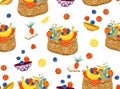 Trendy cute garden Picnic with summer Fruits Illustration , Vacation Holiday seamless pattern