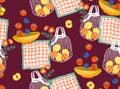 Trendy cute garden Picnic with summer Fruits Illustration , Vacation Holiday seamless pattern