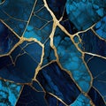 Trendy 3d cobalt blue stone abstract marbled background with golden inlay veins, lines. Marble mosaic, stone texture, jasper.