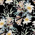 Trendy dark Floral pattern with the many kind of flowers. Botanical Motifs scattered random.