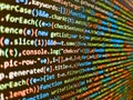Trendy design. Abstract source code background. Website development. Computer script coding source code on desktop monitor. Royalty Free Stock Photo
