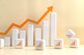 Trendy design with graphic elements of growth chart. White columns show statistic data. Orange arrow points up symbolize growth,