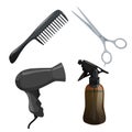 Trendy design haircare icons set. Brown container with spray, scissors, hair dryer and comb. Professional black hair styling acces Royalty Free Stock Photo