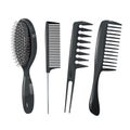 Trendy design haircare icons set. Metal and plastic combs, massage brush professional black hair styling accessories tools. Royalty Free Stock Photo