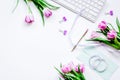 Trendy design of workdesk with blossom on white background top view mock-up Royalty Free Stock Photo