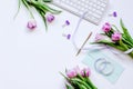 Trendy design of workdesk with blossom on white background top view mock-up Royalty Free Stock Photo