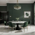 Trendy dining room in calm green color Empty plain walls and emerald velor chairs Black accents and white marble Large table