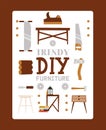 Trendy DIY furniture from wood material, chair, table, saw, jigsaw, axe, flat vector illustration. Web banner, timber Royalty Free Stock Photo