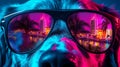 Trendy dog with mirrored sunglasses. Cool vacation vibes. Trendy fashionable neon colors