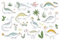 Trendy doodle dinosaurs. Cute outline dino babies set, funny cartoon dragons and Jurassic dinosaurs. Vector prehistoric