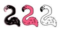 Vector set of isolated elements of a Pink flamingo Tropical bird, with a black outline, hand-drawn in the doodle style on a white Royalty Free Stock Photo