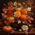 Trendy dried leaves, blush orange flower, Trendy flowers. Beige, gold, brown, rust. Autumn rustic floral arrangement in rustic