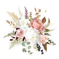 Trendy dried leaves, blush pink rose, white peony and carnation, astilbe, pampas grass Royalty Free Stock Photo