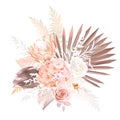 Trendy dried palm leaves, orange, white rose, rust protea, orchid, hydrangea, pampas grass Royalty Free Stock Photo