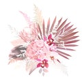 Trendy dried palm leaves, pale protea, maroon orchid, blush pink hydrangea Royalty Free Stock Photo