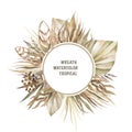 Trendy dried palm leaves, pale protea, orchid, pampas grass, hydrangea rose, fern, white ruscus wedding banner. Trendy