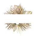 Trendy dried palm leaves, pale protea, orchid, pampas grass, hydrangea rose, fern, white ruscus wedding banner. Trendy