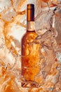 Trendy drink, orange wine bottle in splashes. Bottle of rose wine floating in liquid splash. Summer refreshing drink concept, wine Royalty Free Stock Photo