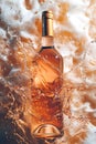 Trendy drink, orange wine bottle in splashes. Bottle of rose wine floating in liquid splash. Summer refreshing drink concept, wine Royalty Free Stock Photo