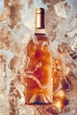 Trendy drink, orange wine bottle in splashes. Bottle of rose wine floating in liquid splash. Summer refreshing drink concept, wine Royalty Free Stock Photo