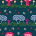 Trendy earth tones christmas pattern, rows of bright mushrooms in blue, violet, lila, skin color on green tree branch Royalty Free Stock Photo