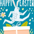 Trendy Easter design with bunny, gift box, lettering and flowers in pastel colors